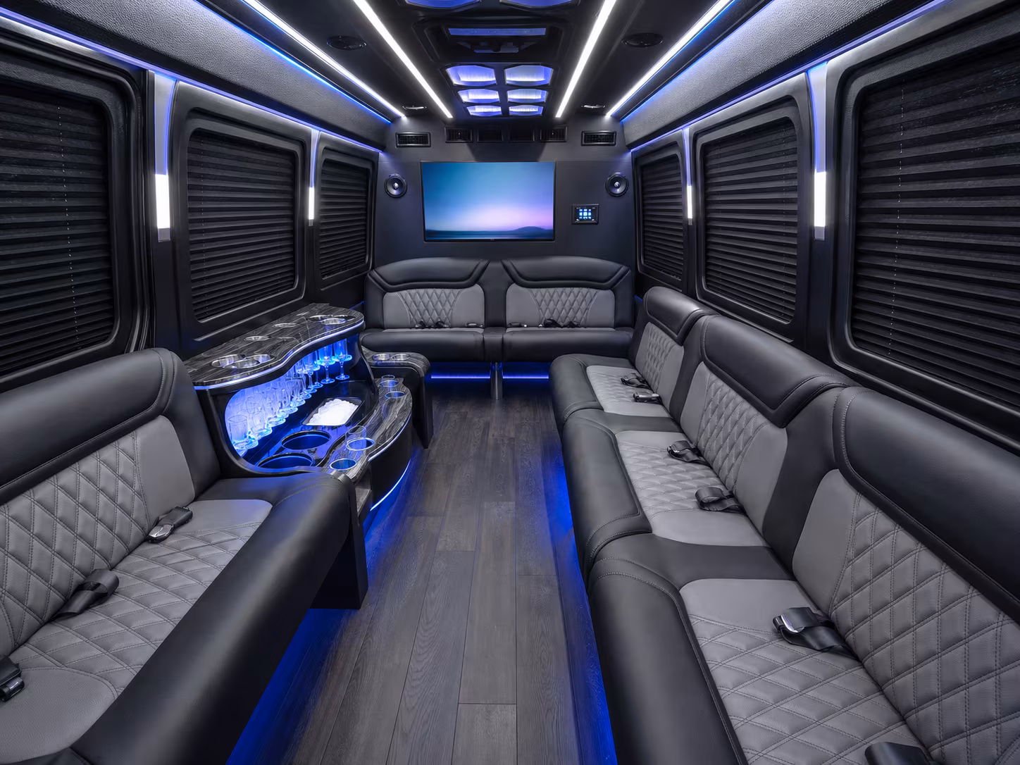 davis 18 passenger party bus inside